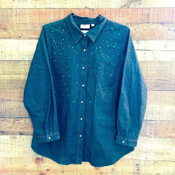 NWT Quacker Factory By Jeanne Bice Denim Rhinestone Top - Picture 1 of 9